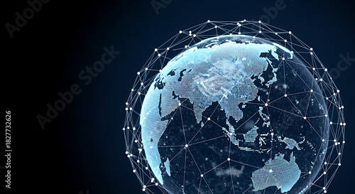 A digital globe with a network of connected dots overlayed on a dark blue background