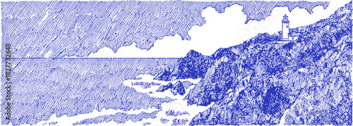 A blue and white drawing of a lighthouse on a rocky shore. The lighthouse is on the right side of the image. vector illustration