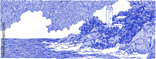 A blue and white drawing of a lighthouse and a beach. The lighthouse is on the right side of the drawing. vector illustration