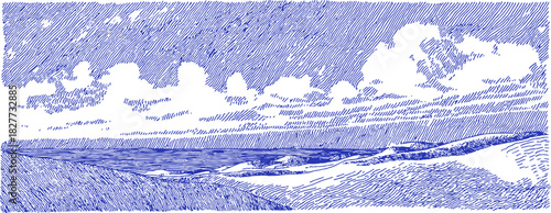 A blue and white drawing of a cloudy sky with a body of water. The sky is filled with clouds and the water is calm. vector illustration