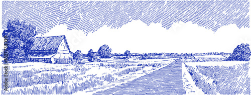 A blue and white drawing of a rural landscape with a house and a road. The house is on the left side of the road. vector illustration