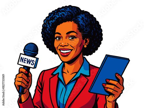 Female journalist in a suit holding a press microphone, perfect for media or communication themes. vector colorful pop art illustration.