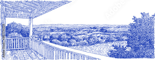 A blue and white drawing of a porch with a view of a hill. The drawing is in a pixelated style. vector illustration