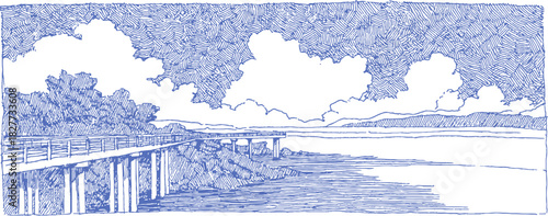 A blue and white drawing of a pier and a bridge. The pier is on the left side of the image and the bridge is on the right side. vector illustration