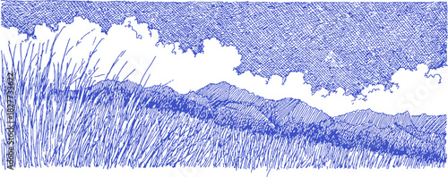 A blue and white drawing of a grassy hillside with mountains in the background. The mountains are in the distance. vector illustration