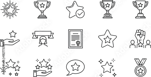 Achievement icons, award symbols, trophy, medal, certificate, excellence, recognition, success, star, winner, celebration, honor, reward, cad drawing flat vector illustration