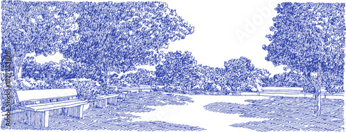 A blue and white drawing of a park with a bench and a path. The bench is empty. vector illustration