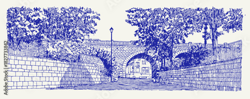 A blue and white drawing of a bridge with trees and a person walking on the bridge. vector illustration