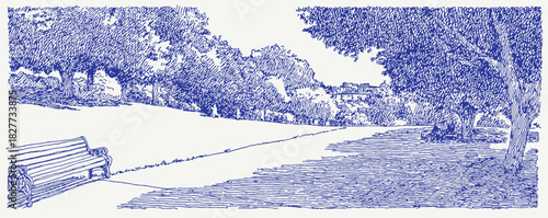 A blue and white drawing of a road with a bench and a tree. The bench is empty. vector illustration
