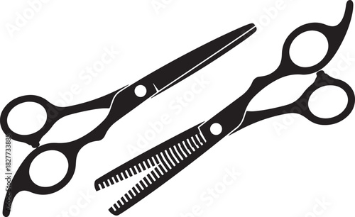 Black silhouette of barbershop tools scissors on white background, vector