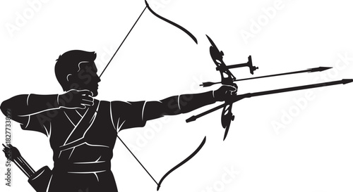 Black silhouette of archer shooting arrow on white background, vector