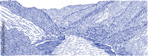 A blue and white drawing of a river. The water is blue and the mountains are white. The drawing is very detailed. vector illustration