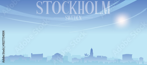 Blue panoramic poster of the city skyline with misty background buildings and clouds of STOCKHOLM, SWEDEN