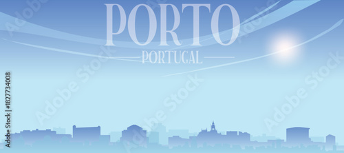 Blue panoramic poster of the city skyline with misty background buildings and clouds of PORTO, PORTUGAL