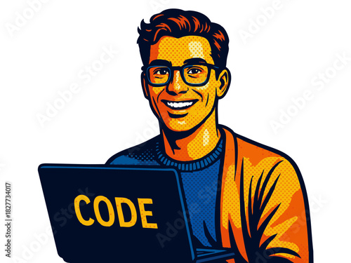 happy young man coding on a laptop with CODE on screen, ideal for tech and developer concepts. vector colorful pop art illustration.