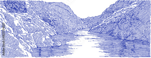 A blue and white drawing of a river. The water is calm and the river is surrounded by mountains. vector illustration