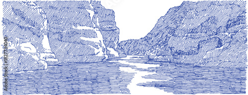 A blue and white drawing of a river with a mountain in the background. The water is choppy and the mountain is rocky. vector illustration