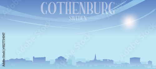 Blue panoramic poster of the city skyline with misty background buildings and clouds of GOTHENBURG, SWEDEN