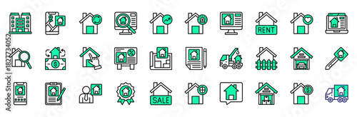 Property Market icons collection. Vector illustration. Building, Real estate, Relocation, Research, Increase, Alarm, Real estate, Rental. Pro Vector