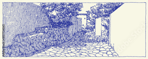 A blue and white drawing of a courtyard with a stone wall. The courtyard is empty. There is a bench in the courtyard. vector illustration