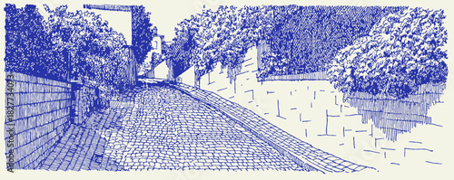 A blue and white image of a street with a sidewalk. There are trees on both sides of the street. vector illustration