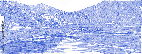 A blue and white drawing of a mountain range with a body of water in the foreground. The water is choppy. vector illustration