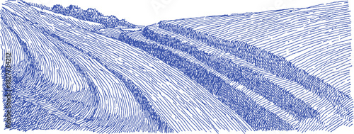 A blue and white drawing of a road with a hill in the background. The road is winding and has a few trees in the background. vector illustration