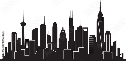 Black silhouette of city skyline buildings on white background, vector