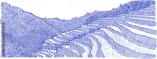 A blue and white drawing of a mountain with a blue hillside. The hillside is dotted with trees. vector illustration