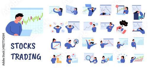 Cartoon Color Stocks Trading Finance Scene Concept Set Flat Design Style. Vector illustration of Trading on Stock Exchange