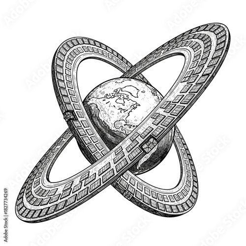 Giant orbital ring structure surrounding Earth with solar panels, concept of space exploration and futuristic technology  