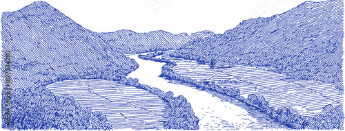 A blue and white drawing of a river. The river is winding through a valley. vector illustration