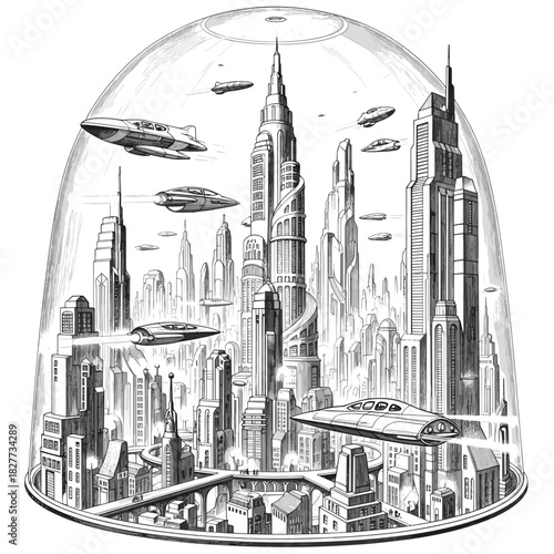 Futuristic city enclosed in transparent dome with flying cars  