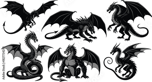 Dragon silhouettes, fantasy creatures, mythical beasts, winged reptiles, black icons, character design, monster forms, vector illustration, epic poses