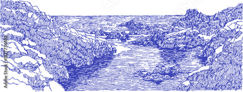 A blue and white drawing of a river with rocks and trees. The water is calm and the rocks are scattered throughout the scene. vector illustration