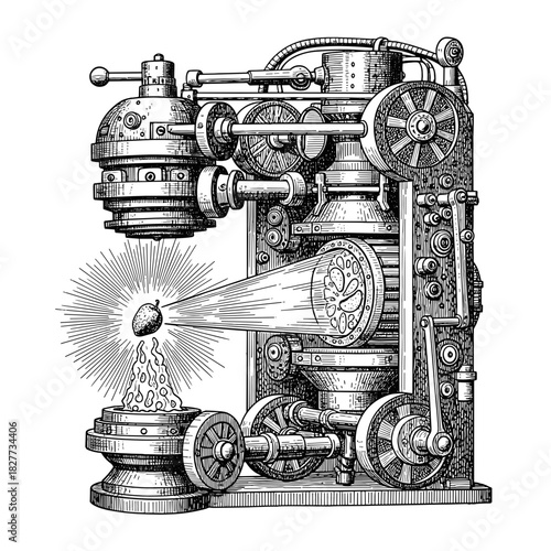 Vintage molecular assembler transforming energy into food concept  