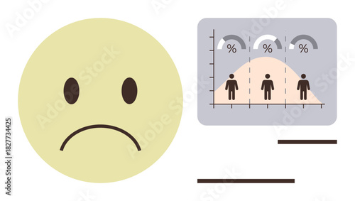 Frowning face symbol paired with a graph illustrating data distribution percentages. Ideal for emotions, performance, statistics, dissatisfaction, criticism, surveys, metrics. Simple flat metaphor