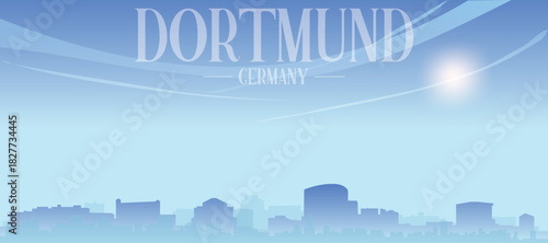 Blue panoramic poster of the city skyline with misty background buildings and clouds of DORTMUND, GERMANY