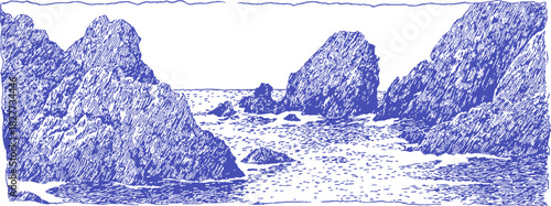 A blue and white drawing of a rocky shoreline with a body of water. The rocks are scattered along the shoreline. vector illustration