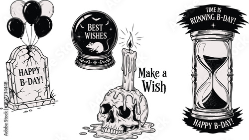 Gothic birthday icons, dark celebration, skull candle, tombstone balloon, crystal ball, hourglass, black vector, eerie illustration