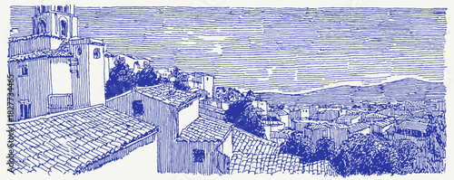 The image is a blue and white drawing of a city with a blue sky. The drawing is of a city with a blue and white color scheme. vector illustration