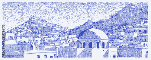The image is a blue and white drawing of a city with a large dome in the middle. The dome is surrounded by buildings. vector illustration