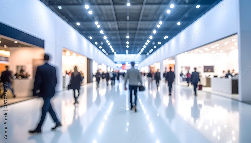 Fototapeta premium Blurred view of people walking in a brightly lit convention center with rows of displays on either side