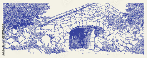 A blue and white drawing of a stone bridge. There are several people in the drawing, but they are not visible. vector illustration