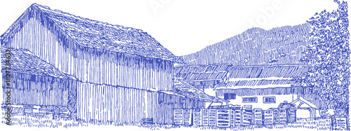 A blue and white drawing of a farm with a barn and a house. The barn is large and the house is small. vector illustration