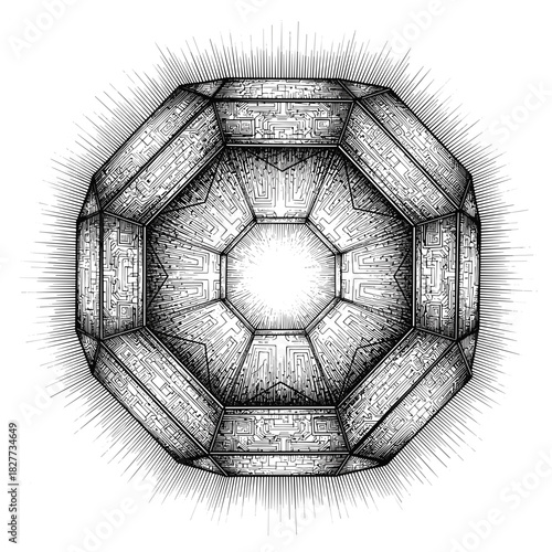 Geometric shape glowing with intricate patterns and futuristic design  