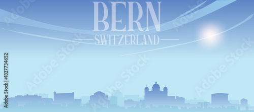 Blue panoramic poster of the city skyline with misty background buildings and clouds of BERN, SWITZERLAND