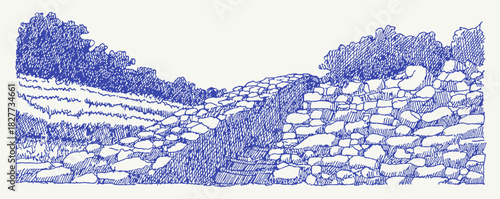 The image is a blue and white drawing of a rocky hillside with a path. The path is winding and narrow, and it is made of stone. vector illustration