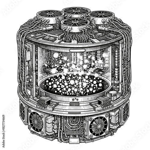 Quantum computer core with floating light particles in futuristic design  