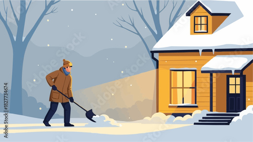 A man shoveling snow outside a cozy house on a cold winter night, a festive Christmas vector illustration